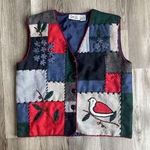 Vintage Ashley Hill Vest Womens Large Blue Red Button Up Wool Bird Patchwork‎
